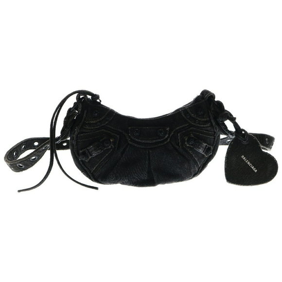 Balenciaga LE CAGOLE Distressed Denim Rhinestone Shoulder Bag Black - Picture 1 of 5